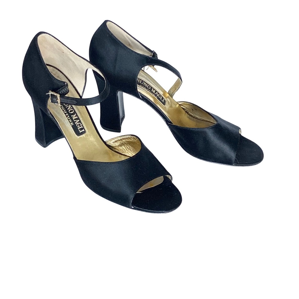 Bruno Magli Couture Black Satin Open Toe Ankle Strap Block Heel Pumps Italy 7.5